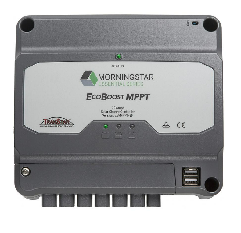 Front view of 20A MPPT solar charge controller showing status LEDs, dual USB ports and wiring terminals