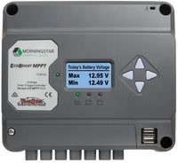 Grey Morningstar EcoBoost MPPT 30A solar controller featuring digital display, navigation buttons and dual USB ports