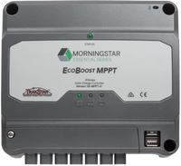 Front view of grey Morningstar EcoBoost MPPT 40A solar charge controller with status LEDs and USB ports