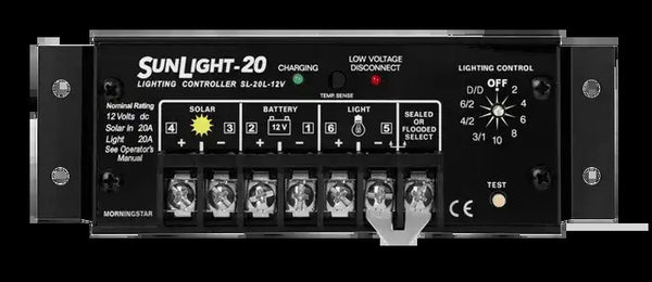 Morningstar SunLight 20A 12V solar lighting controller with terminal block and rotary control dial
