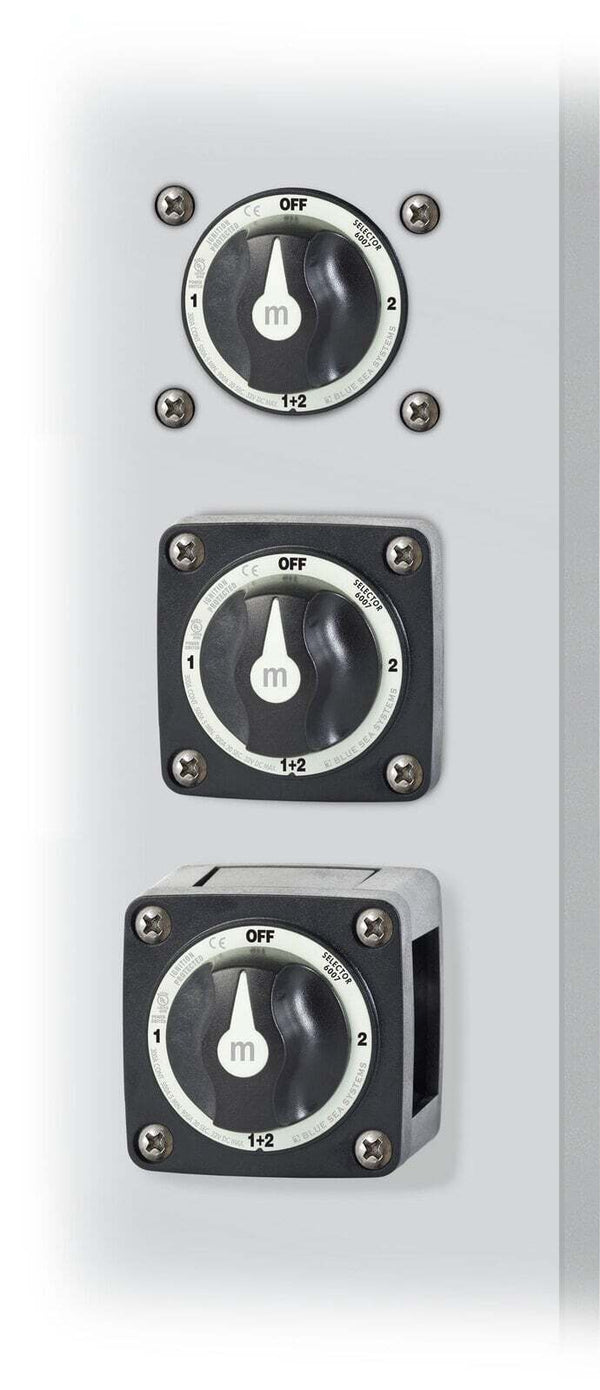 Three mounting examples showing surface, front panel and rear panel installation options