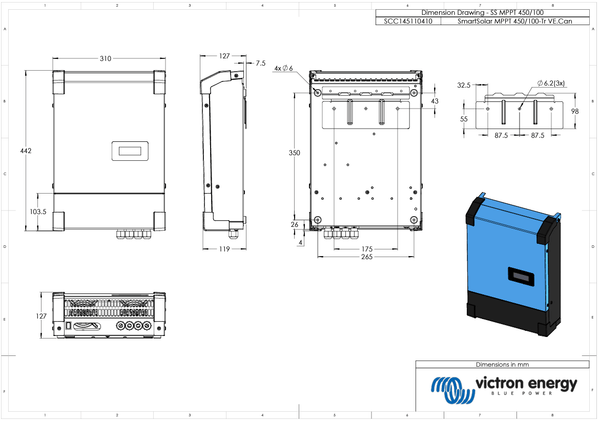 Dimensional drawing of the SmartSolar MPPT RS showing physical measurements and mounting points