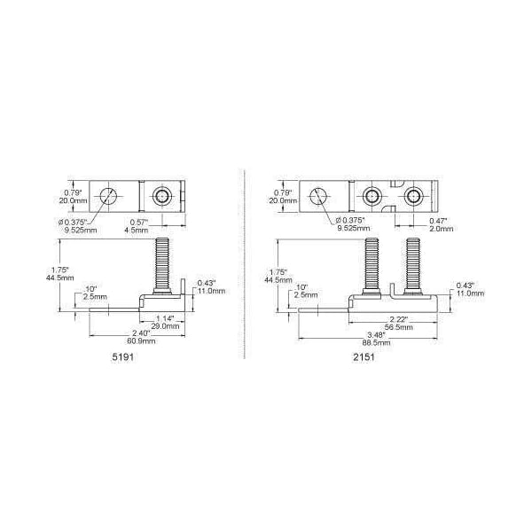 Technical drawing showing dimensions for dual terminal fuse block in millimeters and inches