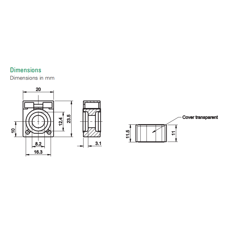 Technical dimensional drawing of the fuse block showing width, height and mounting hole spacing in millimeters