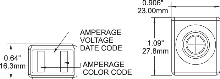 Technical diagram showing fuse dimensions 27.8mm height, 23mm width and 16.3mm depth