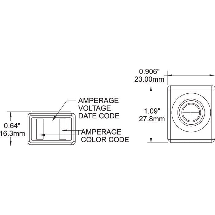 Technical diagram showing fuse dimensions: 23mm width, 27.8mm length, and 16.3mm height
