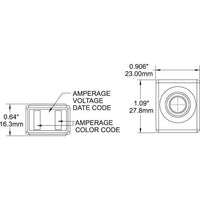 Technical drawing of fuse dimensions measuring 23mm width, 27.8mm height and 16.3mm depth