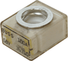 Angled view of 100A MRBF terminal fuse with clear housing and silver ring terminal