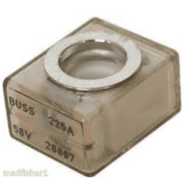 Blue Sea MRBF terminal fuse with clear housing showing 225A and 58V markings