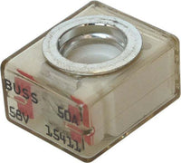 Angled view of Blue Sea MRBF terminal fuse with clear casing showing 50A and 58V markings