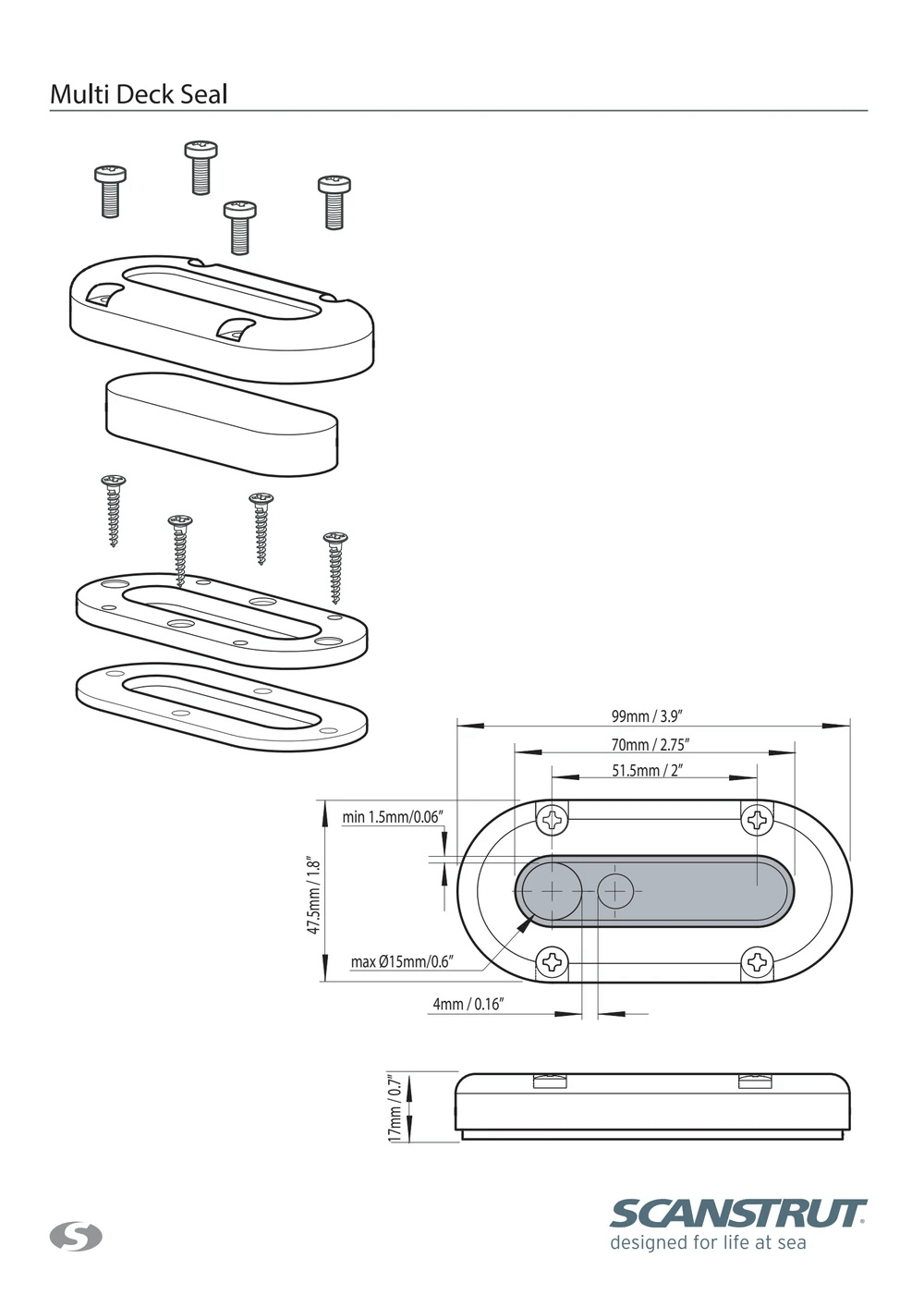Dimensional drawing of the multi cable seal with metric and imperial measurements