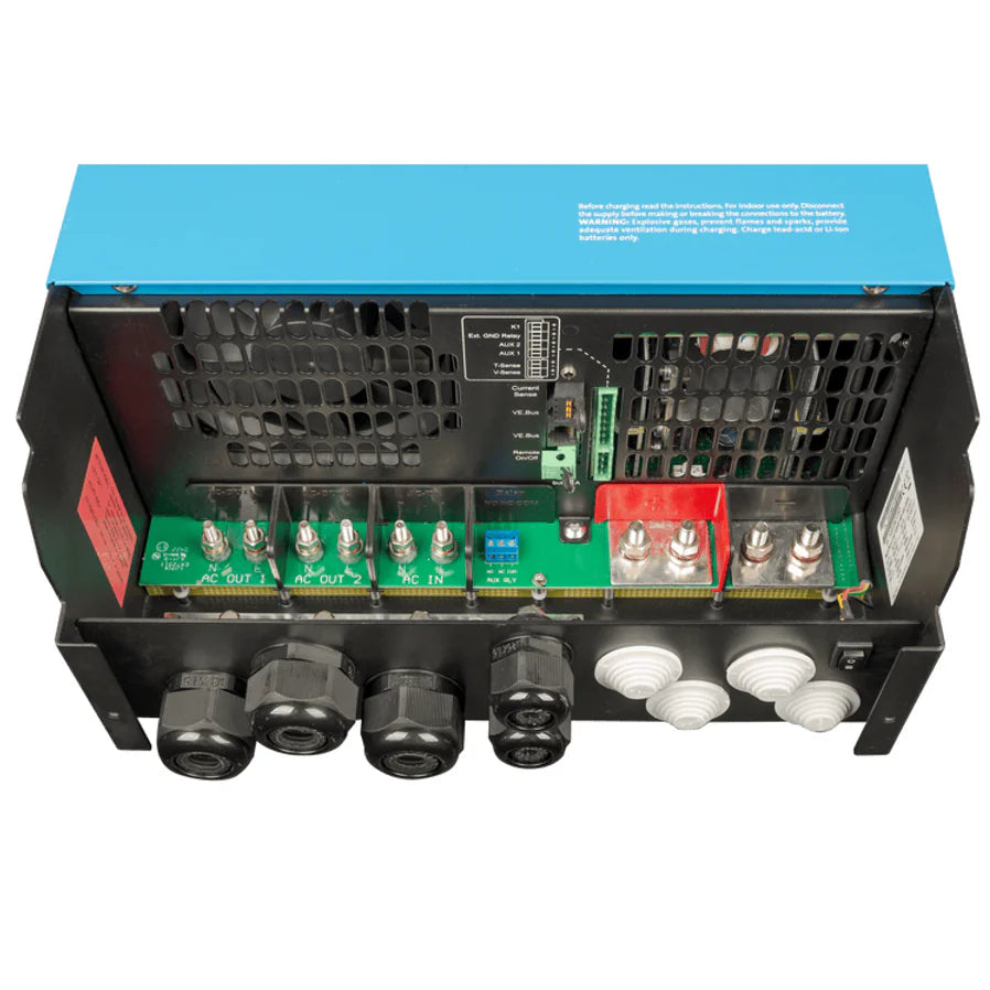 Top-down internal view of AC and DC connection terminals on MultiPlus-II 10kVA