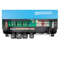 Detailed view of AC input and output screw terminals and M8 DC battery connection bolts
