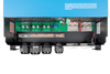 Detailed view of AC input and output screw terminals and M8 DC battery connection bolts