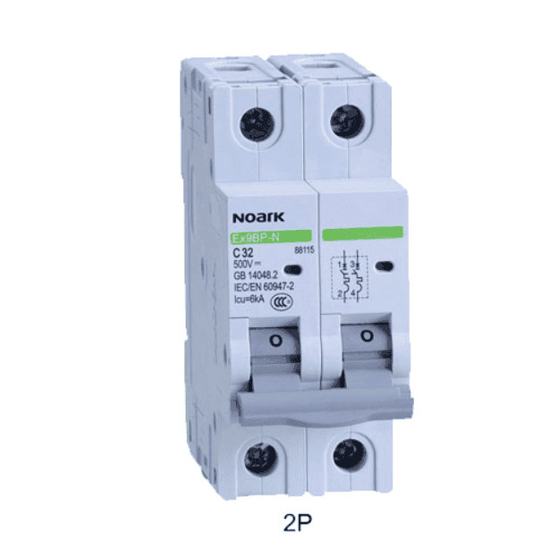 Angled view of Noark 2-pole non-polarised DC circuit breaker showing grey toggle switch and terminal screws