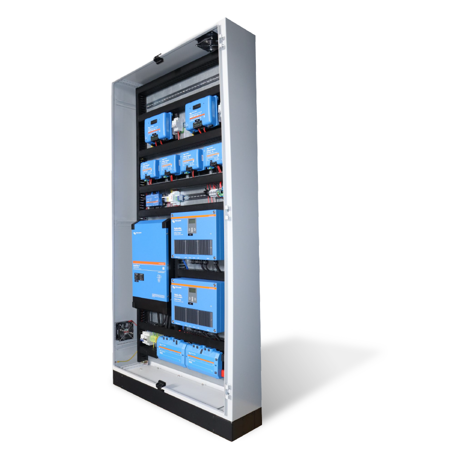 Open grey cabinet containing Victron Energy power components mounted on a black frame