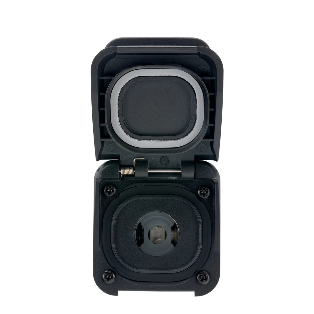 Front-on view of Scanstrut 12V accessory socket with protective lid open