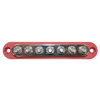Overhead view of red busbar showing seven tin-plated copper studs and mounting holes
