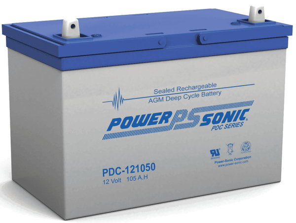 12V 105Ah AGM deep cycle battery with blue lid and integrated carry handles