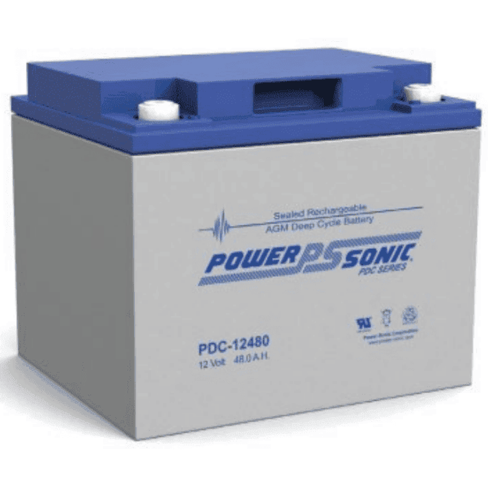 Power-Sonic 12V 48Ah AGM deep cycle battery with blue lid and grey casing