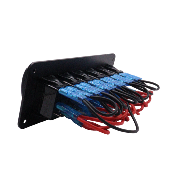 Rear view of panel showing pre-wired harness with red and black cables and blue connectors