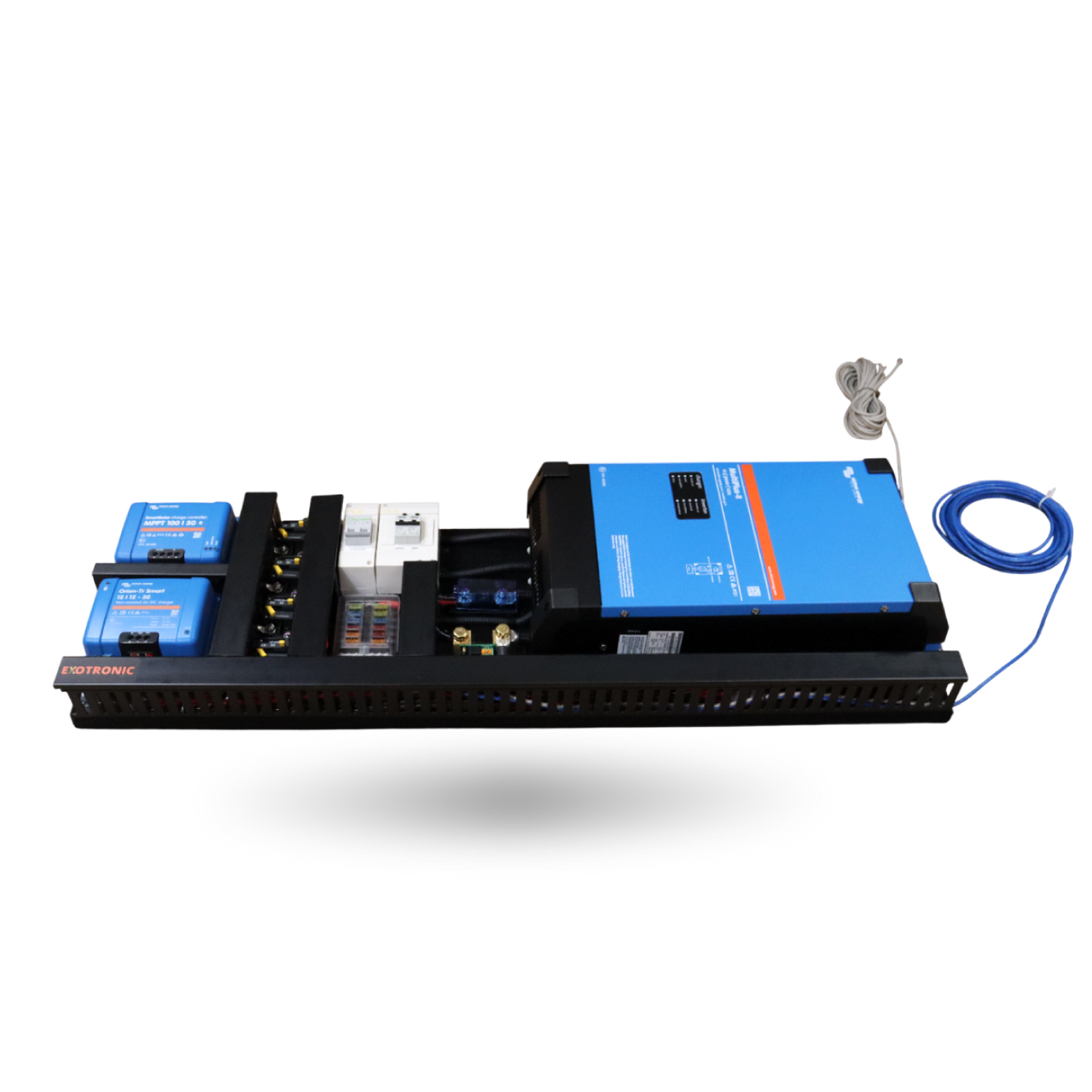 Exotronic pre-wired board with Victron MultiPlus-II, MPPT and DC-DC charger on black alloy chassis
