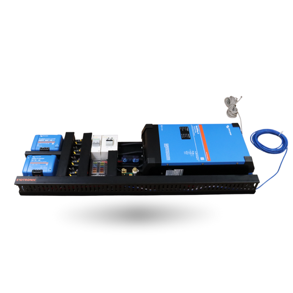 Exotronic pre-wired board with Victron MultiPlus-II, MPPT and DC-DC charger on black alloy chassis