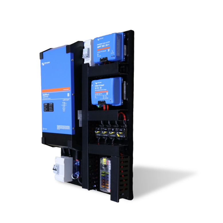 Side angled view of pre-wired Victron power board with inverter and chargers on a black background