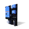 Side angled view of pre-wired Victron power board with inverter and chargers on a black background