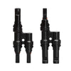 Top view of male and female solar branch connectors showing the rigid h-shape housing