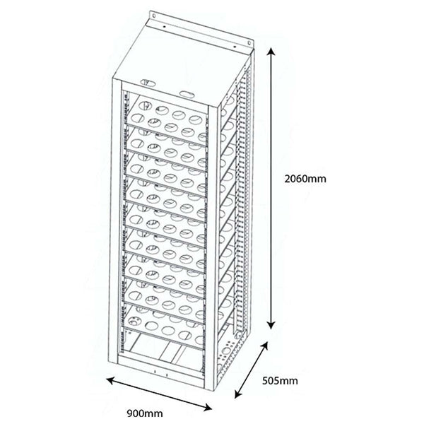 Line drawing of the Pylontech indoor battery rack with dimensions of 2060mm height, 900mm width and 505mm depth