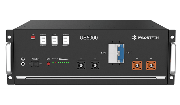 Front interface of a Pylontech US5000 48V rack-mounted lithium battery module showing ports and terminals