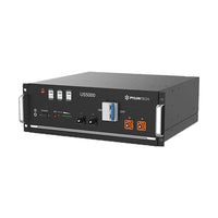 Angled view of the Pylontech US5000-B 4.8kWh lithium battery with mounting ears and handles