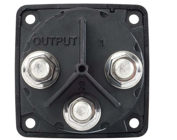 Rear view of battery switch showing three tinned copper terminal studs labeled Output, 1, and 2