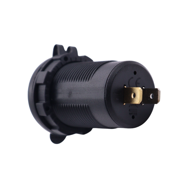Rear of socket housing displaying positive and negative spade terminals for DC 12V-24V input