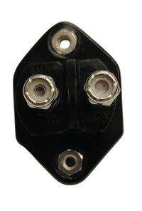 Rear view showing two threaded stud terminals labeled AUX and BAT on black thermal plastic housing