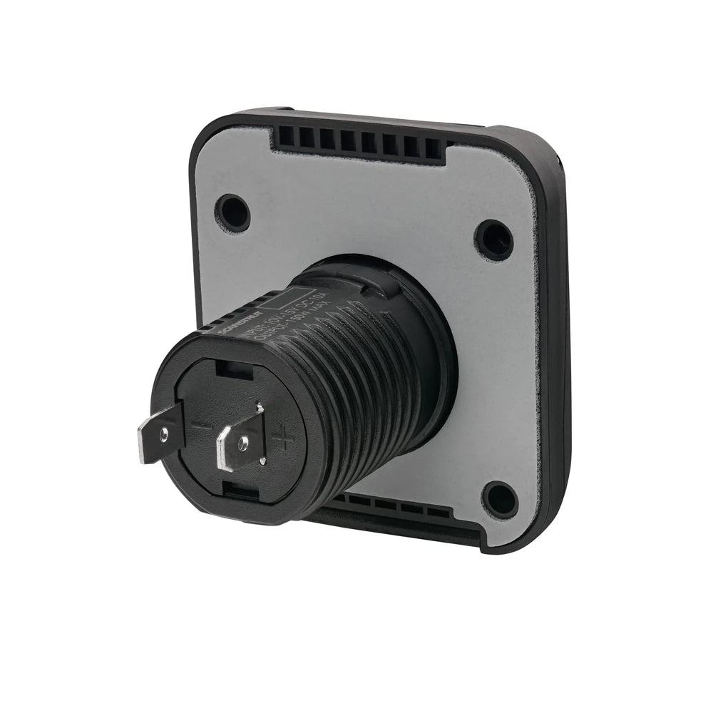 Rear view of 12V socket showing threaded barrel and electrical terminals