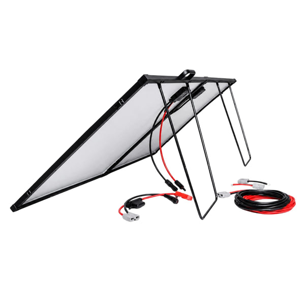 Rear of the unfolded solar panel showing cabling, junction boxes, and supports