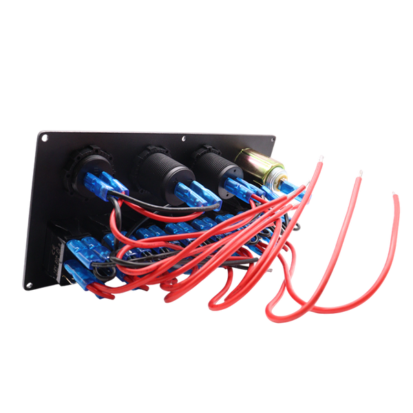Back of the switch panel displaying the pre-wired connections, fuse holder and insulated terminals