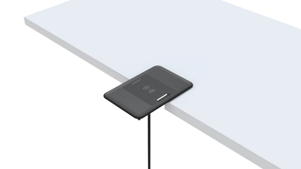 Cross-section render showing the charger recessed into a white dashboard surface