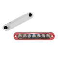 Red 150A busbar with 7 M6 studs and removed clear protective cover