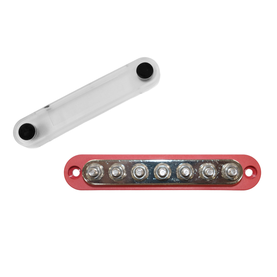 Red 150A busbar with 7 M6 studs and removed clear protective cover