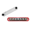 Red 150A busbar with 7 M6 studs and removed clear protective cover