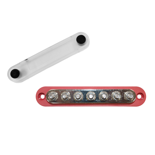 Red 150A busbar with 7 M6 studs and removed clear protective cover