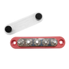 Top-down view of red 5-stud busbar with clear protective cover removed