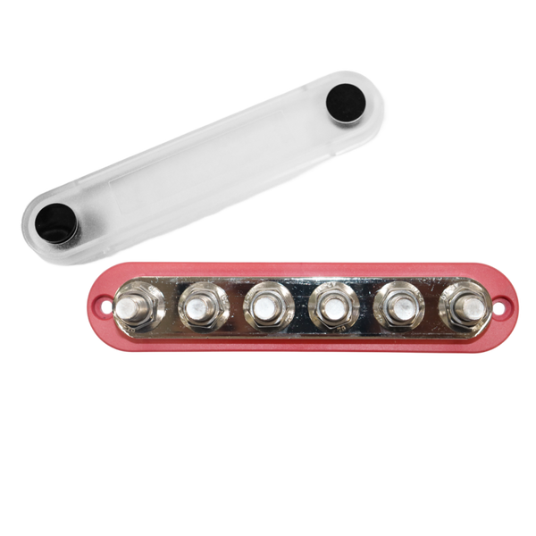 Red 300A busbar with six M10 studs and a detached clear protective cover next to it