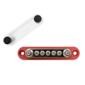 Top-down view of red 150A busbar with transparent cover removed showing stud and screw terminals