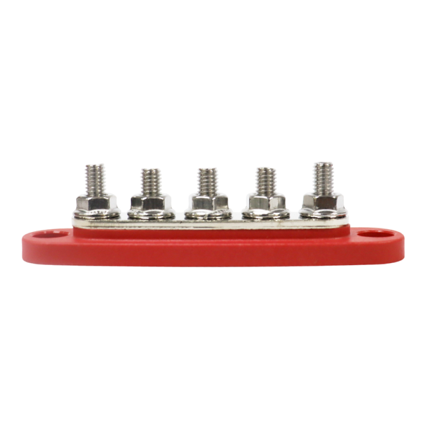 Side profile of red busbar showing stud height and base thickness