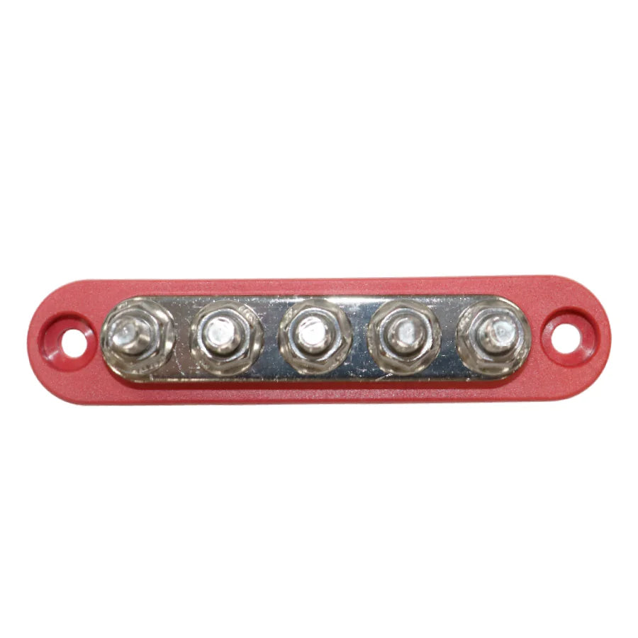 Top-down view of red busbar showing five tin-plated copper studs