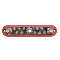 Top-down view of 300A busbar showing three large studs and ten screw terminals